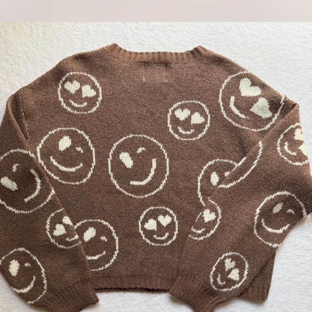 Brown Distressed Smiley Face Crop-Top Sweater - Picture 5 of 5